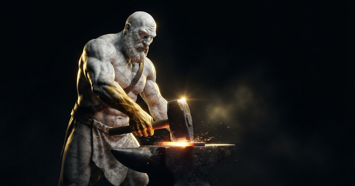 Cyclops hammering an anvil with his single eye sealed shut, striking true by touch and hearing alone, in a void of pure black, satin gold light flaring off the hammer and his corded arm, self reliant and undeterred