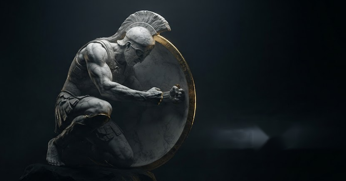 Deimos crouched behind a vast blank shield, fists locked to its rim, refusing to advance though nothing stands before him, in a void of pure black, satin gold light glancing off the shield edge and his clenched...