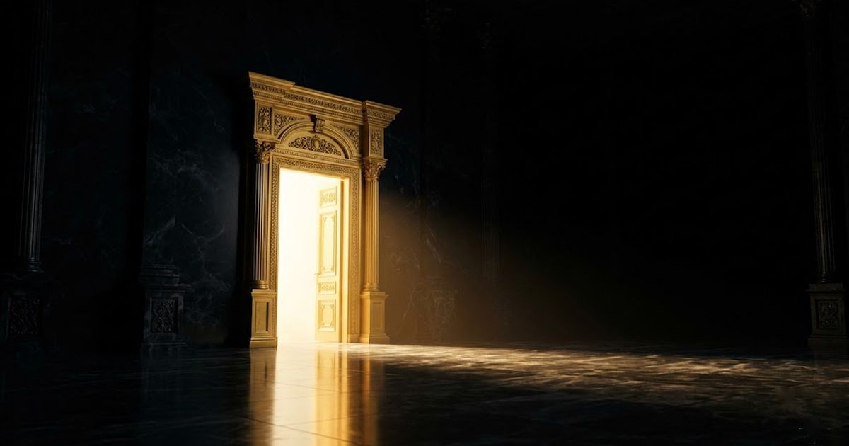 A single golden doorway standing in a vast black hall, light spilling through it onto marble that dissolves into shadow