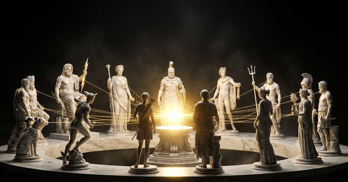 A pantheon of golden figures arranged in a circle of light against deep black, each distinct, connected by fine luminous threads