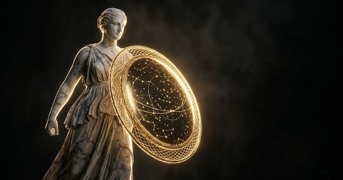 An aegis shield of woven gold light held before a figure of marble, a constellation reflected across its surface against the void
