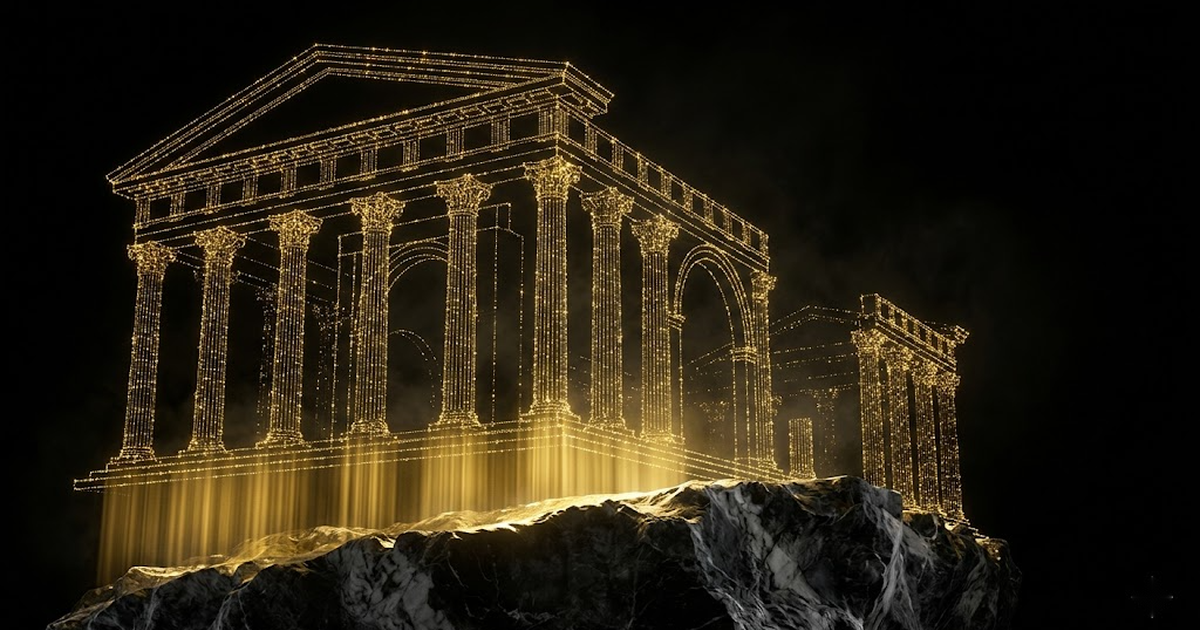 A constellation forming the outline of a vast architectural structure in gold across a black sky, foundations of light reaching down into marble