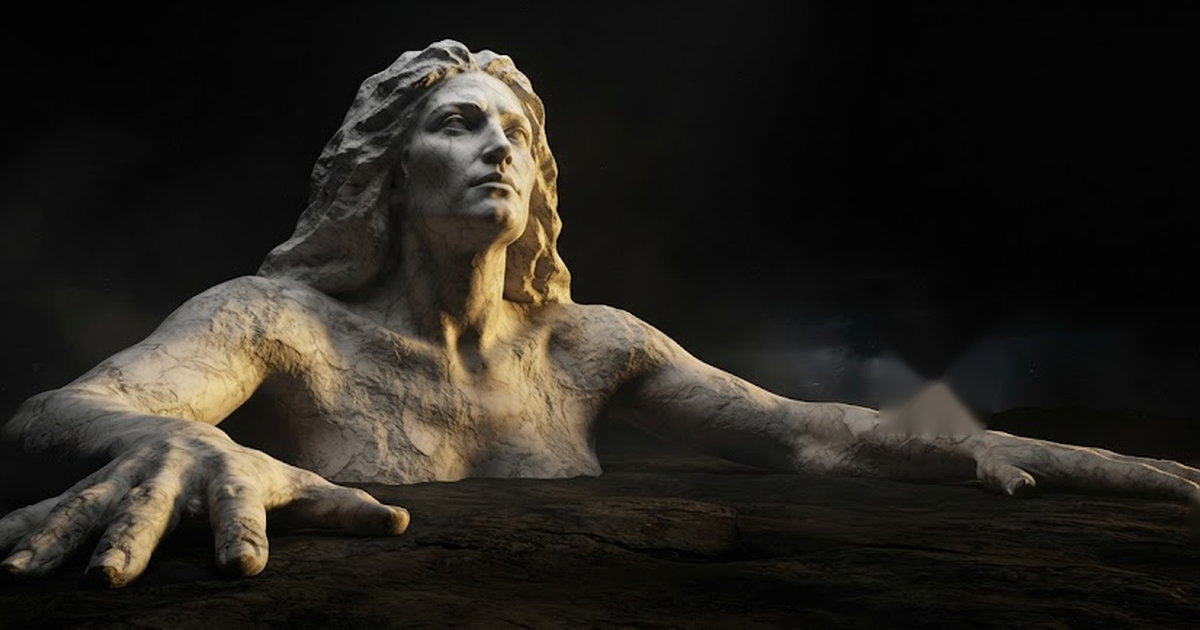 Gaia half risen from the earth, her upturned palms flattening into the bedrock floor that everything above must now stand upon rather than a hand holding a tool, in a void of pure black, satin gold light raking low...