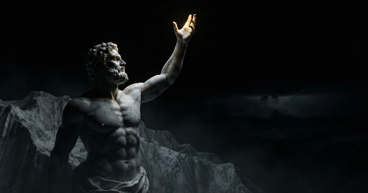 Hyperion, titan of the high light, holding aloft a hand where the radiance has guttered to one last ember as the carved land beneath him falls dark, in a void of pure black, satin gold light thinning to a single...