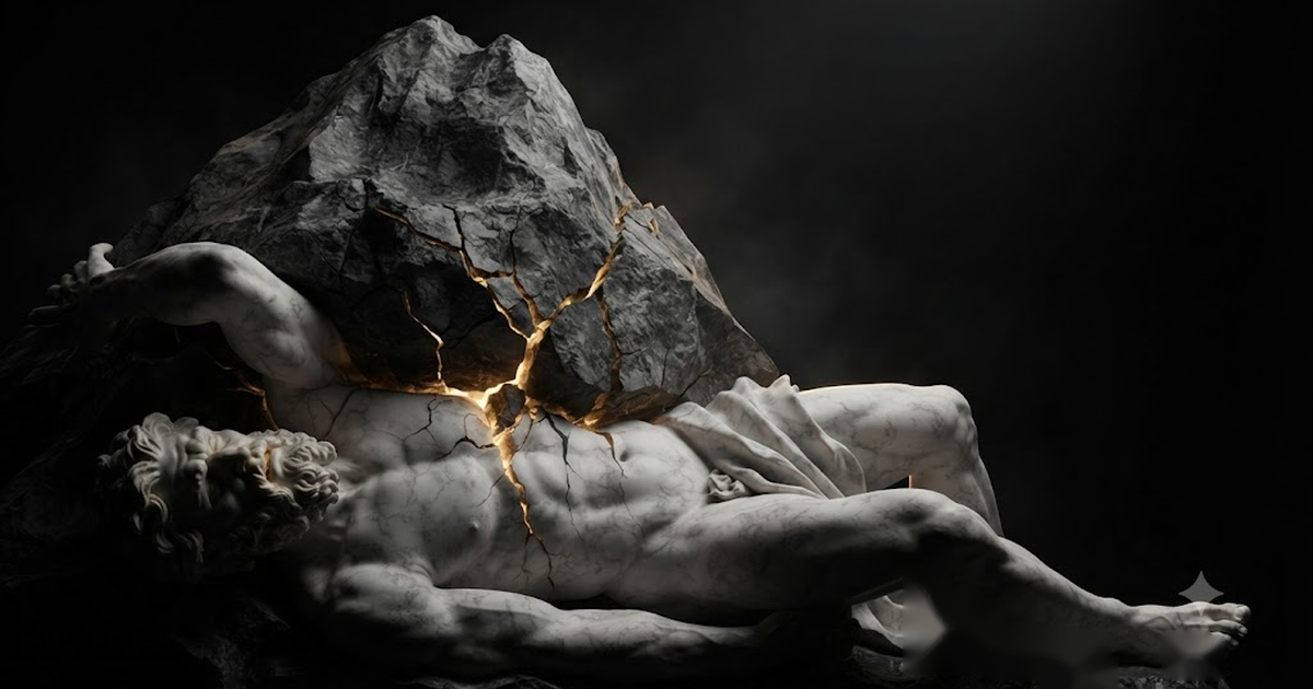 Enceladus pinned on his back beneath the full weight of a mountain he may never set down, one shoulder shifting so the mass above him cracks and trembles, in a void of pure black, satin gold light bleeding through...