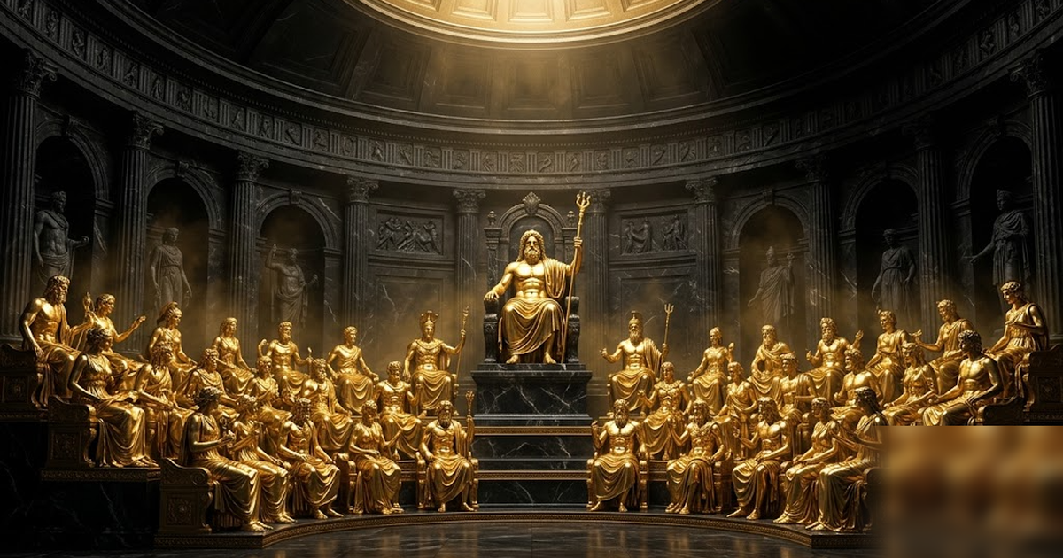 Zeus enthroned at the centre of a council of fifty golden Greek deities arranged in a dark marble pantheon hall, void-black background, satin-gold light, cinematic wide shot, frameless, no text, no pe