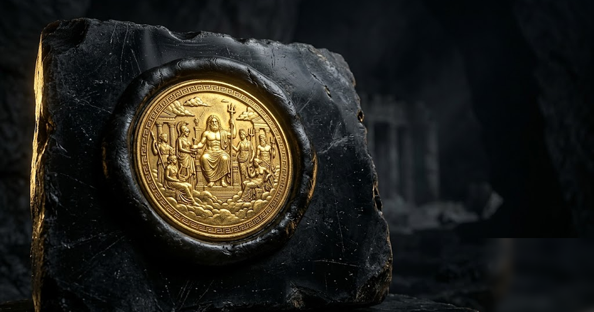 A signed golden seal pressed into black wax on an obsidian tablet, glowing faintly, cinematic Greek pantheon detail, void-black and satin-gold, dramatic single light, frameless, no text, no UI, no wat