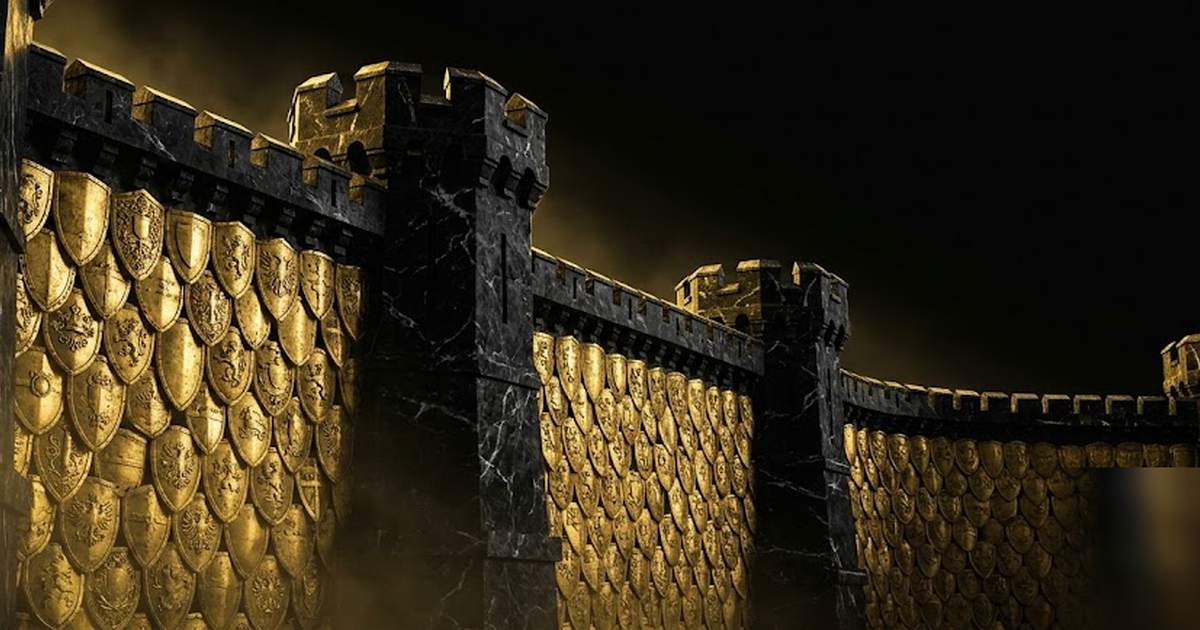 A fortress wall of 101 interlocking golden shields set into black marble battlements, representing a patent moat, void-black background, satin-gold highlights, cinematic, frameless, no text, no charts