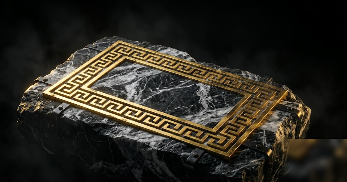 A golden Greek key fused permanently into a slab of black marble bedrock, hardware-bound and immovable, void-black surroundings, satin-gold detail, cinematic chiaroscuro, frameless, no text, no waterm