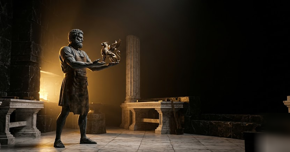 Hephaestus presenting a finished golden artifact he forged and owns, standing in a sealed black marble workshop, void-black background, satin-gold light, cinematic, frameless, no text, no people in of