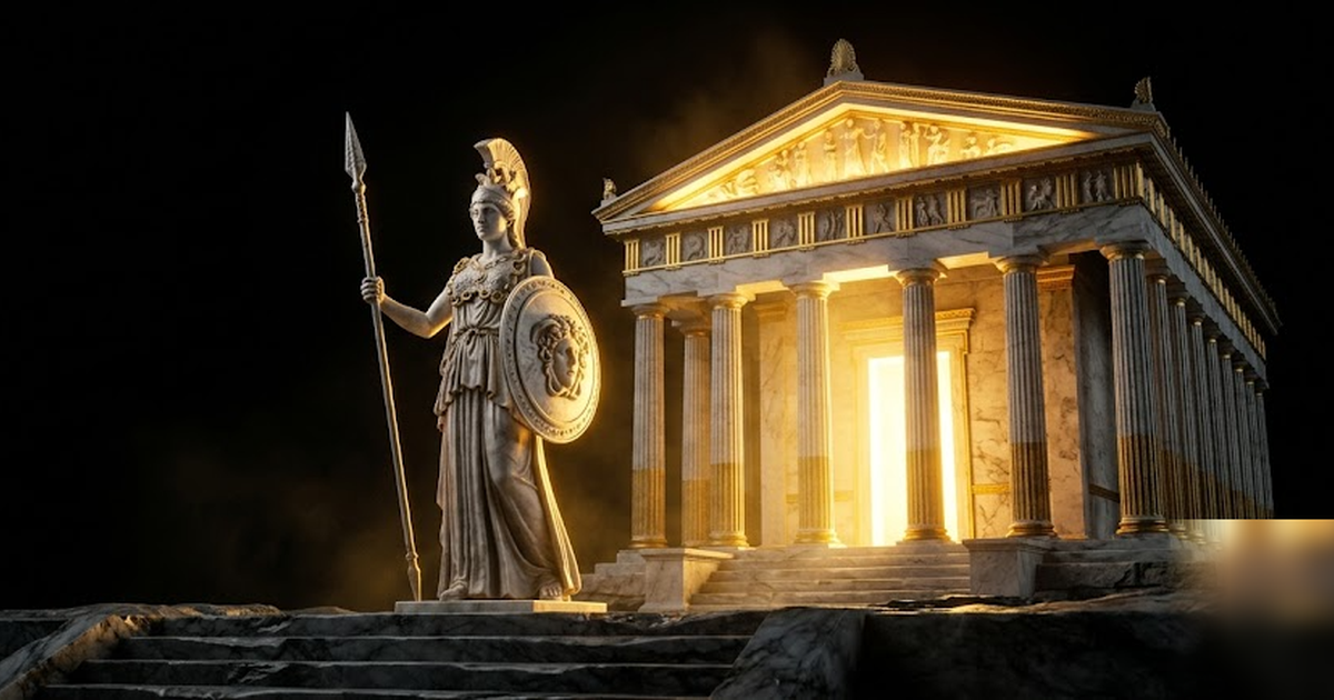 Athena standing guardian before a self-contained golden temple glowing from within on a void-black night, satin-gold marble, cinematic heroic wide shot, frameless, no text, no watermark