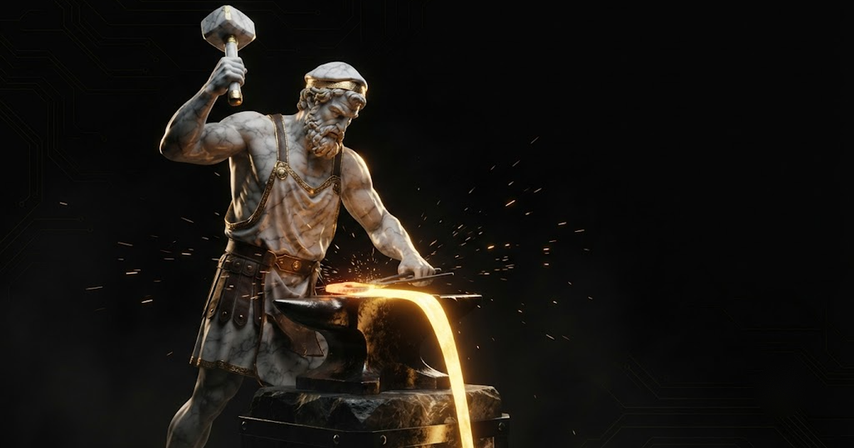 Hephaestus at the forge, evoking a steady cadence of shipped work that no company can fake for long