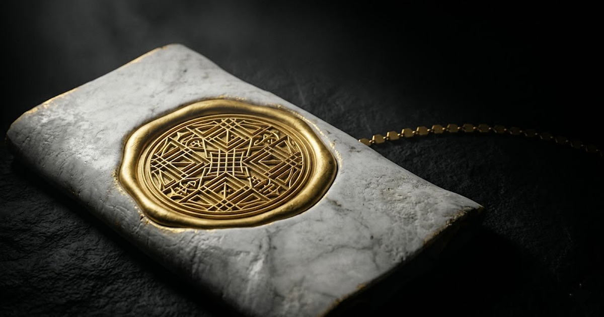 A gold marble wax seal impressed with an interlocking lattice pattern, with a chain of linked blocks emerging from the scroll and receding into black, symbolising a hash-chained post-quantum signed record.