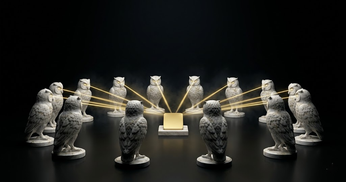 A circle of gold marble owls facing inward toward a central raised tablet, each casting a beam of light onto it, symbolising a quorum of independent models returning a sealed allow decision.