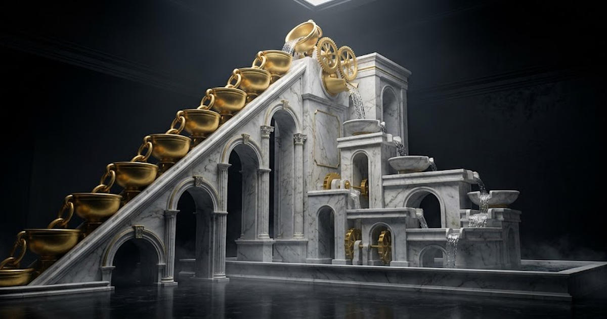 A colossal classical marble water-clock mechanism rendered in void black and satin gold, an endless chain of golden vessels rising and tipping in perpetual flow, symbolising a meter that never stops, 