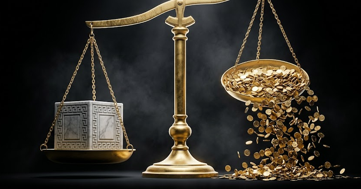 A pair of classical balance scales in satin gold against void black, one pan holding a single solid marble cube carved with Greek key fretwork, the other pan overflowing with countless small golden co