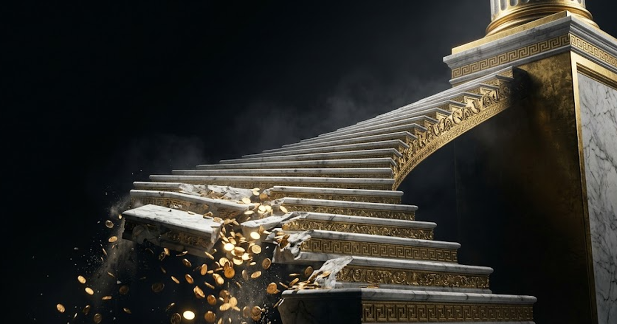 An ascending marble Greek staircase in gold relief against deep void black, the lower steps eroding into falling golden coins while the upper steps consolidate into a single solid plinth, symbolising 