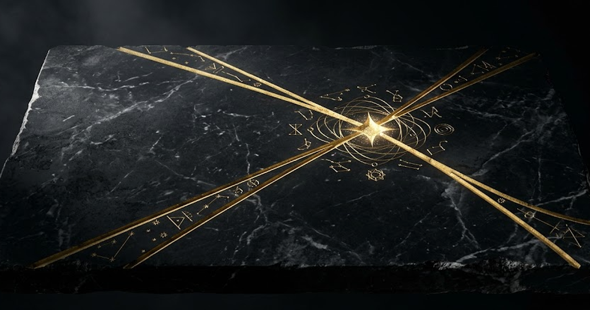 A crossing point of two golden trajectories etched into a black marble tablet like an ancient star chart, one line climbing steeply, one line descending, meeting at a luminous gold node, classical myt