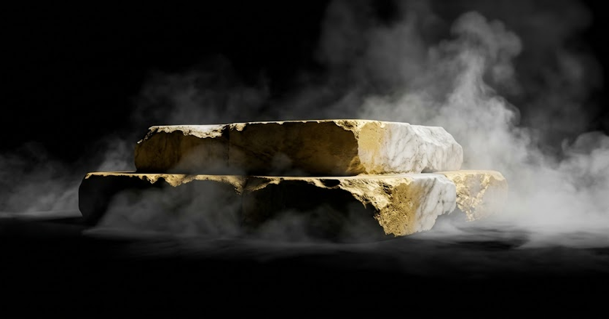 A sturdy Doric marble temple foundation stone in satin gold, weathered yet enduring, surrounded by a dissolving veil of vapour, symbolising a depreciating asset that retains terminal value while renta