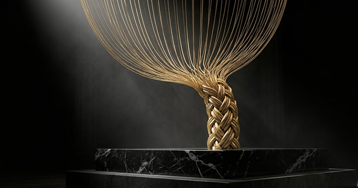 Many separate thin golden chains converging and fusing into one thick braided golden column anchored to a black marble base, symbolising a stacked multi-vendor bill collapsed into a single owned asset
