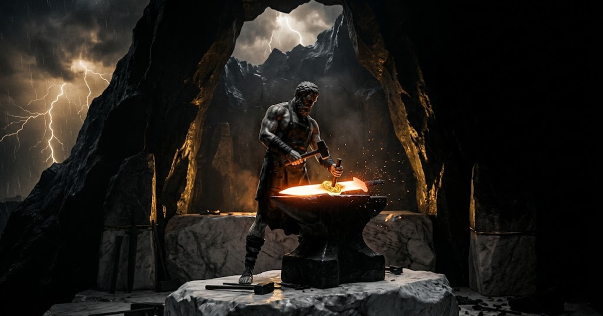 A void-black forge lit by satin gold fire, Hephaestus raising a hammer over a blade that glows white hot on the anvil, a seal die held ready against the molten edge