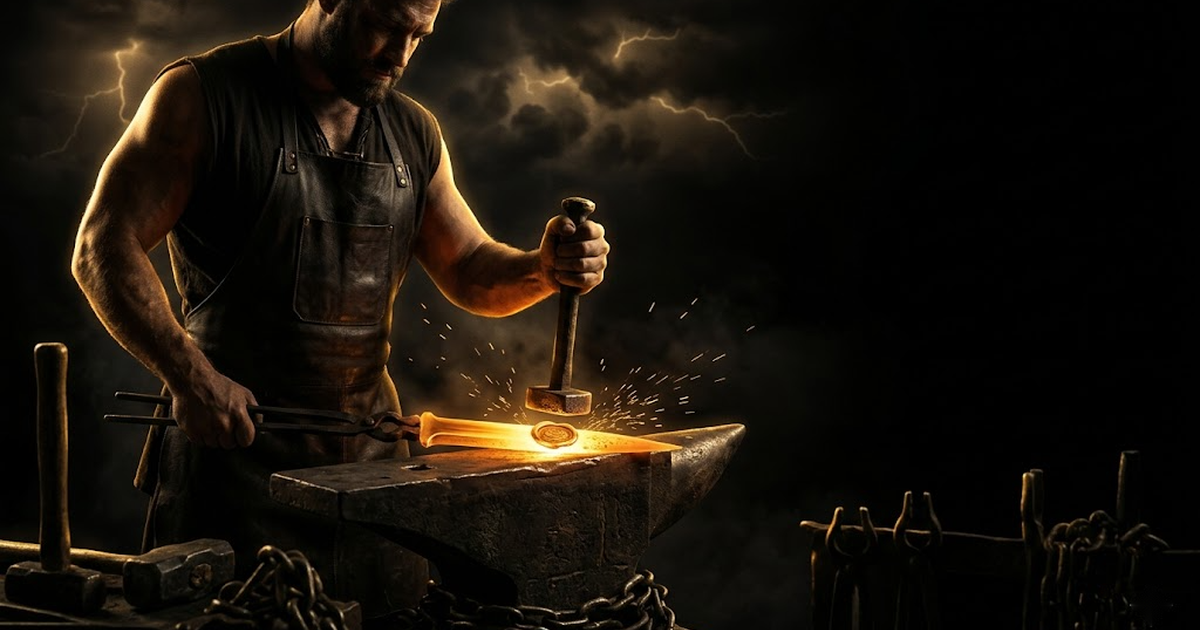 Close detail of a glowing blade edge with a gold sigil being pressed into the molten steel, the mark sinking and fusing into the metal rather than sitting on the surface