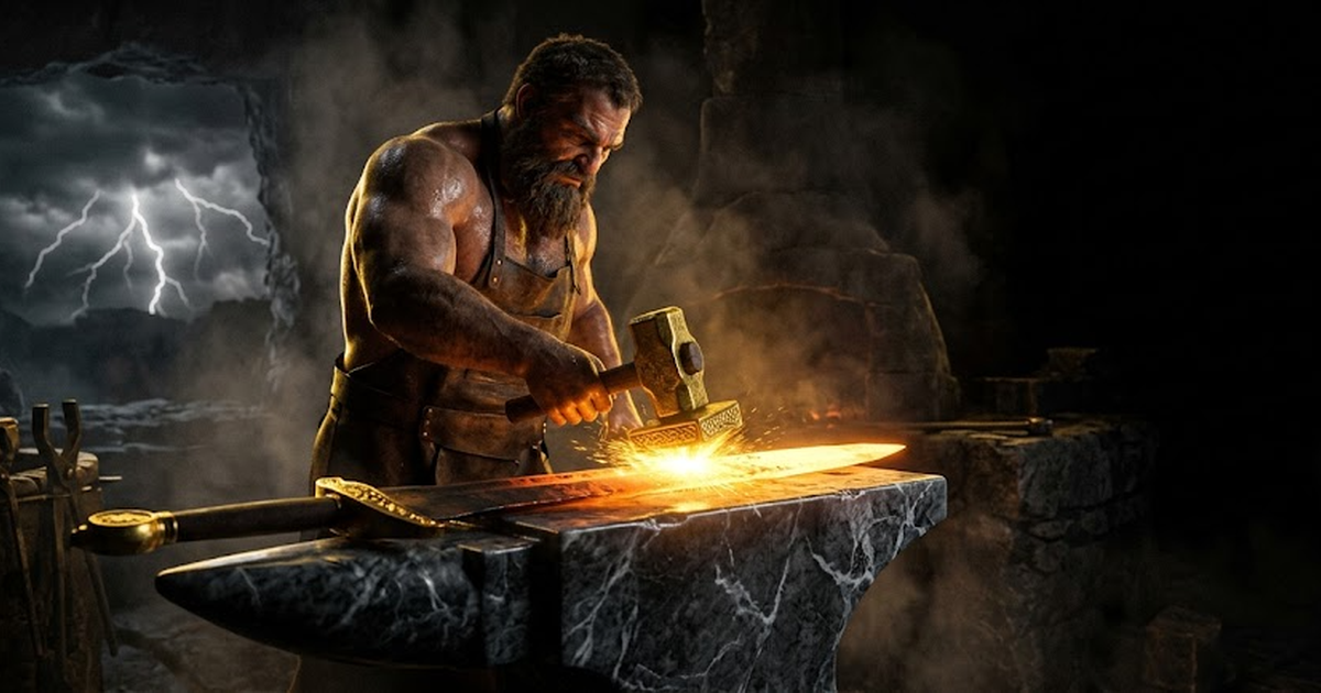 Hephaestus lifting a cooled blade to the light in a darkened forge, the fused gold seal catching the last of the fire, the smith inspecting his own unremovable mark