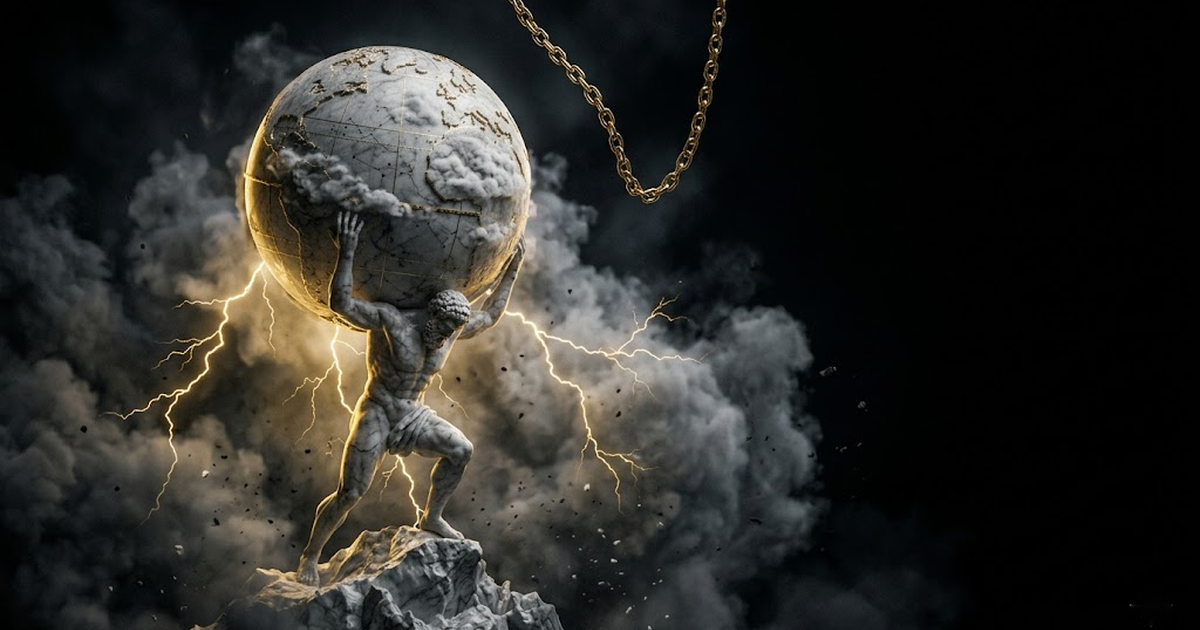 A colossal Atlas figure in satin gold braces against a black storm, the world balanced on his shoulders, a slack golden chain rising into churning cloud above him