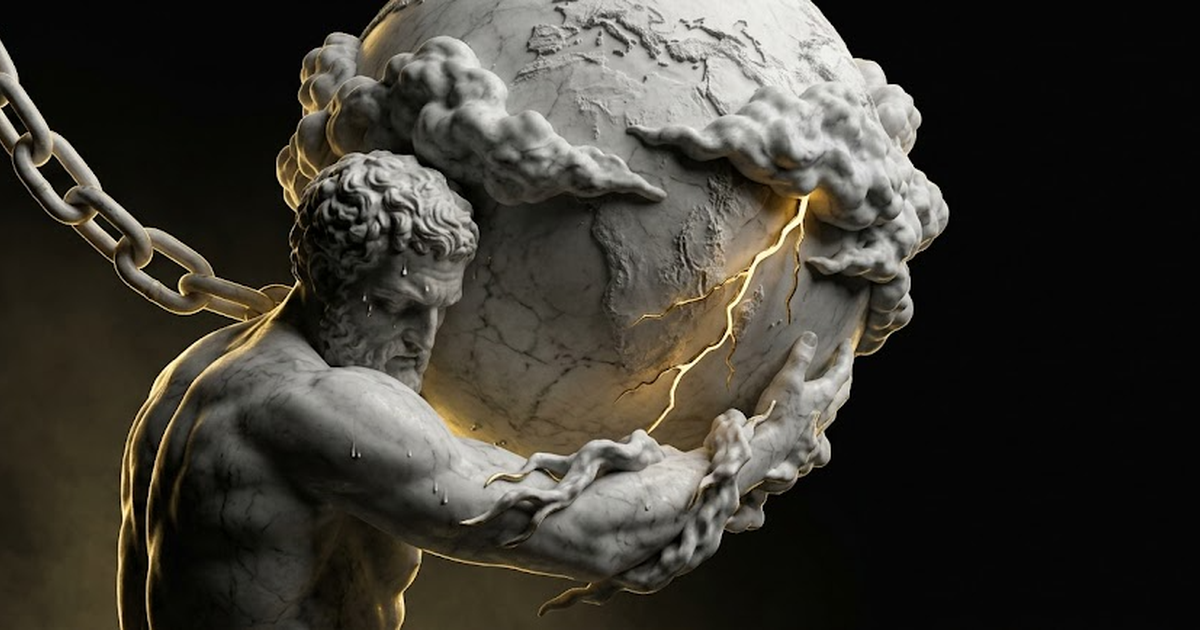 Close view of Atlas's shoulders bearing a luminous golden globe of interlocking ledgers and circuits, storm raging around him, the broken chain to the heavens hanging slack but unbroken