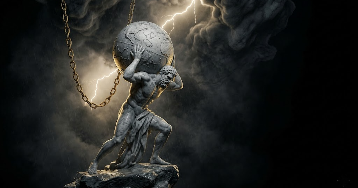 Golden sealed tablets stacking one by one at Atlas's feet during the storm, each glowing with a cryptographic sigil, while the slack chain to the heavens waits overhead