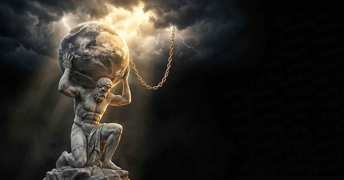 The storm clears above Atlas, the golden chain to the heavens drawing taut again as a river of sealed records flows upward and anchors into a constellation of light
