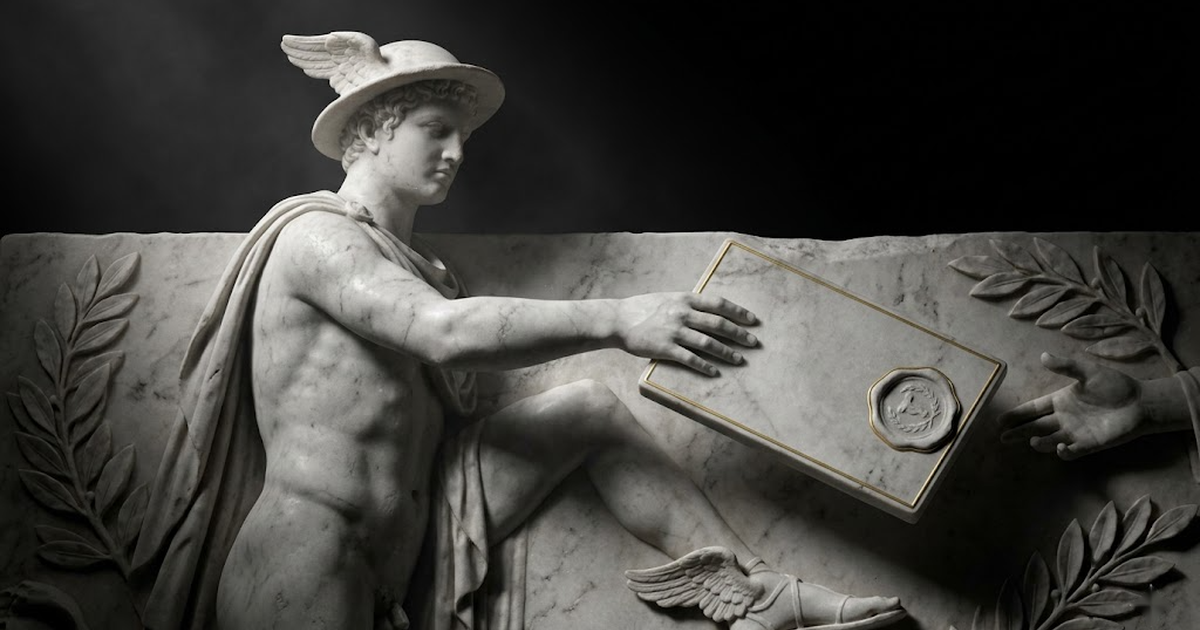 Marble sculpture of Hermes extending a sealed tablet, gold-edged, on a void black background
