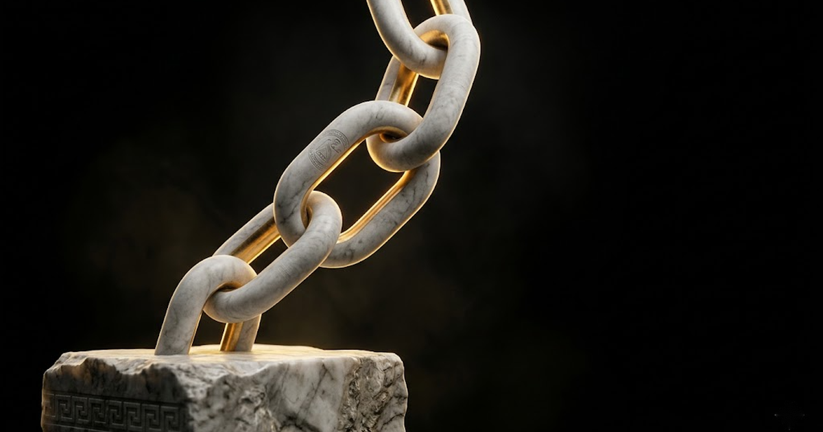 A continuous chain of marble links with gold-lit edges, representing an append-only hash-chained ledger