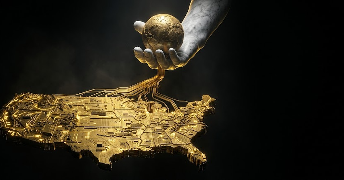 A colossal Atlas figure rendered in void black and satin gold, straining to hold aloft not a globe but a vast sphere woven from interlocking model weights, the chains binding it glowing gold at every sealed link, storm light breaking behind him.