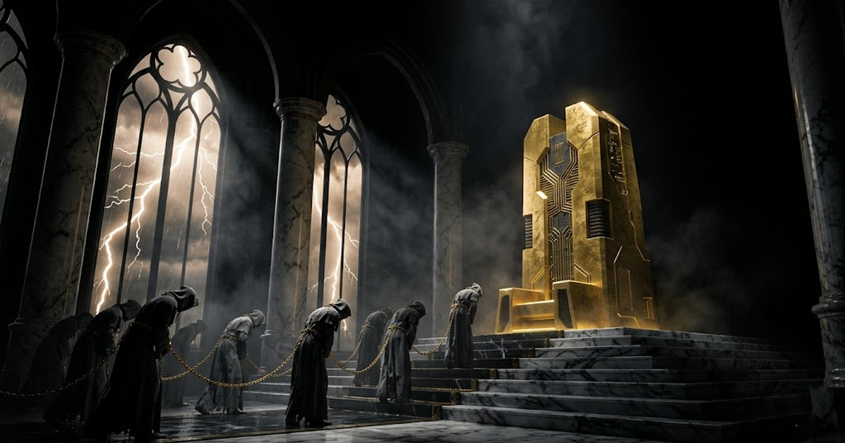 Atlas planted on black bedrock, stance steady, holding the full lattice-sphere of sealed weights overhead, every chain link blazing gold in sequence as the seals lock, a wall of storm light rising behind the figure.