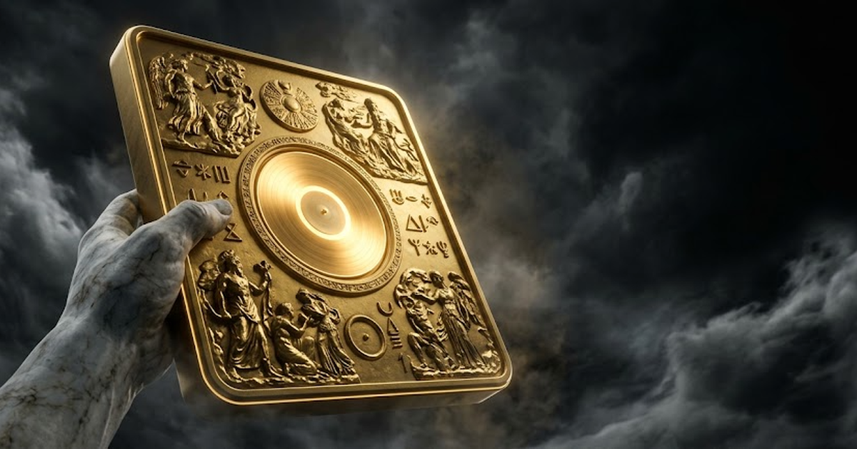 Wide cinematic shot of the Atlas figure on black bedrock under a clearing storm, the chained sphere of model weights held high and fully sealed, every gold link steady and bright, the figure unmoved and certain.