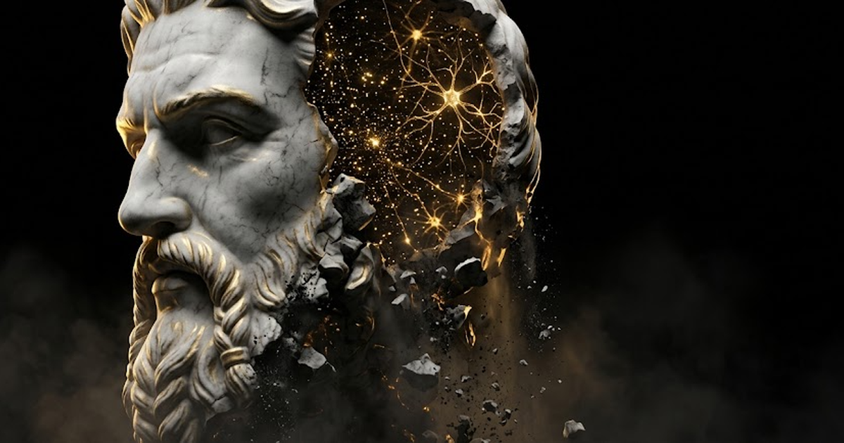A colossal golden human profile rendered in marble dissolving into shadow, its interior filled with a constellation of light, against void black