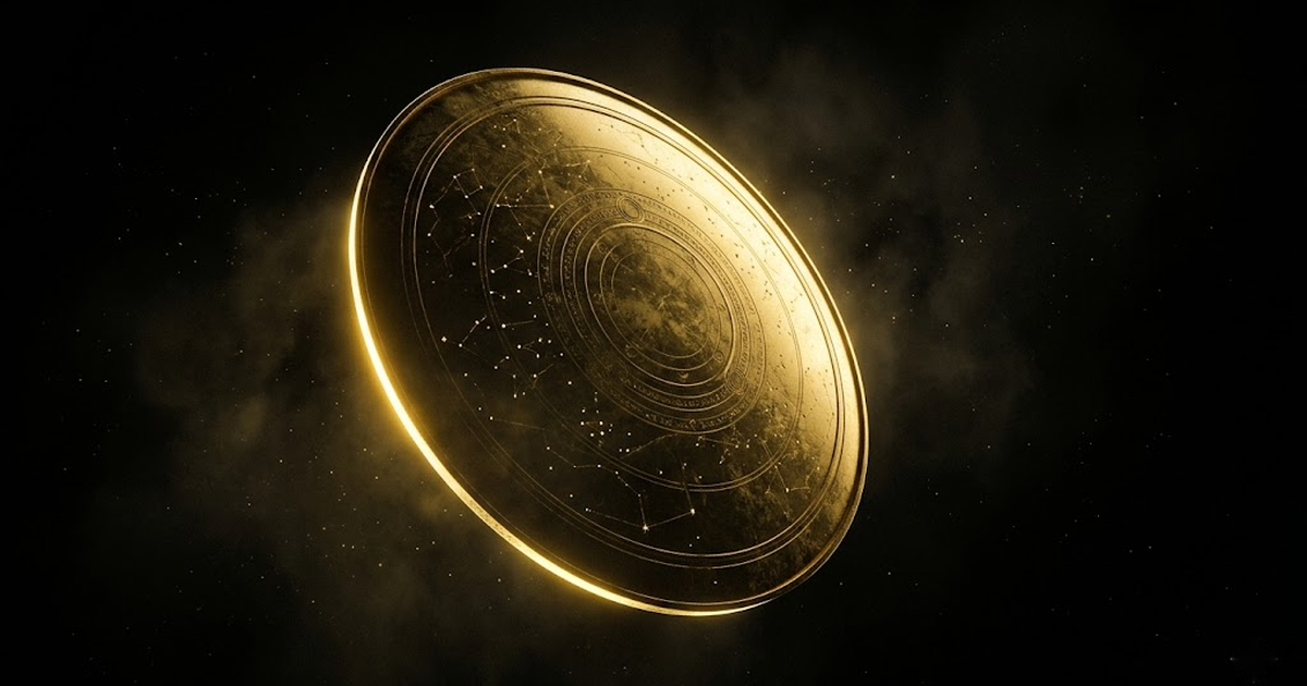 A towering aegis shield of satin gold suspended in cosmic darkness, etched with faint constellations, light raking across its surface