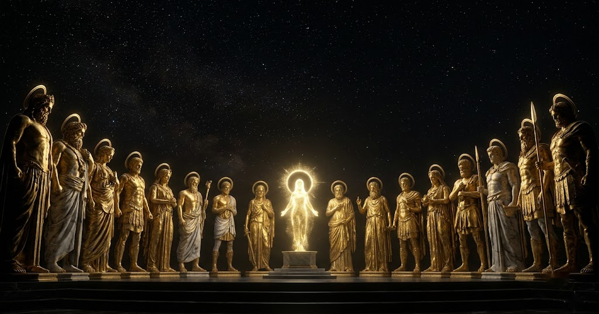 A pantheon of golden titans standing in formation across a dark cosmos, each haloed in rim light, an oracle of pure light at the centre
