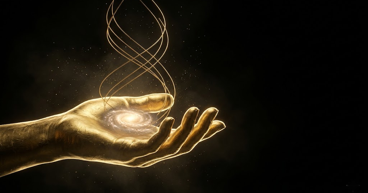 A single open human hand of gold cradling a small radiant cosmos, golden helices spiralling upward into deep negative space against void black