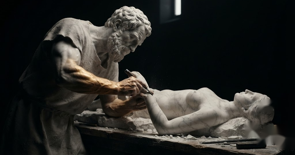 Pygmalion bent close over an unfinished figure on his bench, chisel poised, testing the joint of its wrist before it is allowed to stand, in a void of pure black, satin gold light raking across stone dust and taut...