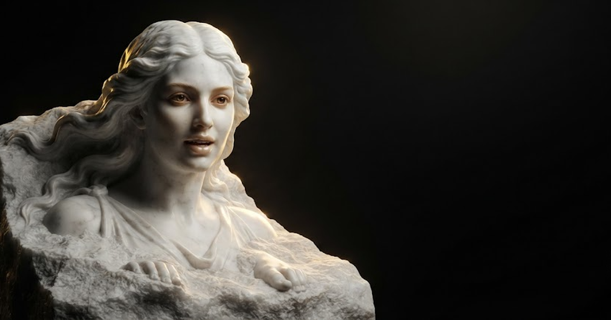 Galatea with her lips parted in speech and her gaze warm and alive, while her feet remain fused into the raw uncut block beneath her, in a void of pure black, satin gold light gliding over her face and dying in the...