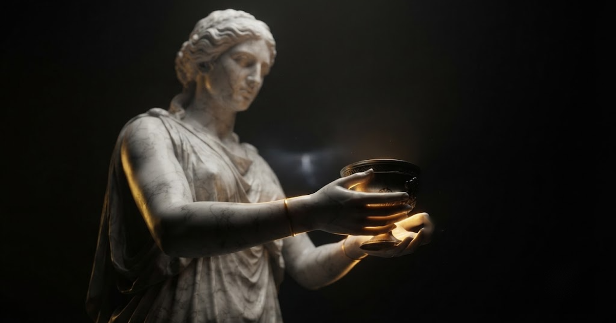 Hebe receiving a heavy cup into both hands, her stance settled and her grip deliberate as the vessel is set into her palms for the first time, in a void of pure black, satin gold light welling in the cup and along...