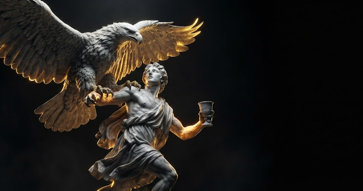 Ganymede lifted mid stride by an enormous eagle whose talons close around his shoulder, his own hand still steady on the cup he must answer for, in a void of pure black, satin gold light burning along feathers and...