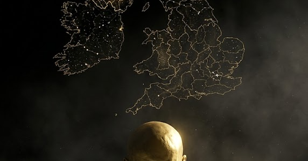 A golden titan rising from black marble, constellations forming a map of the British Isles in points of light above.