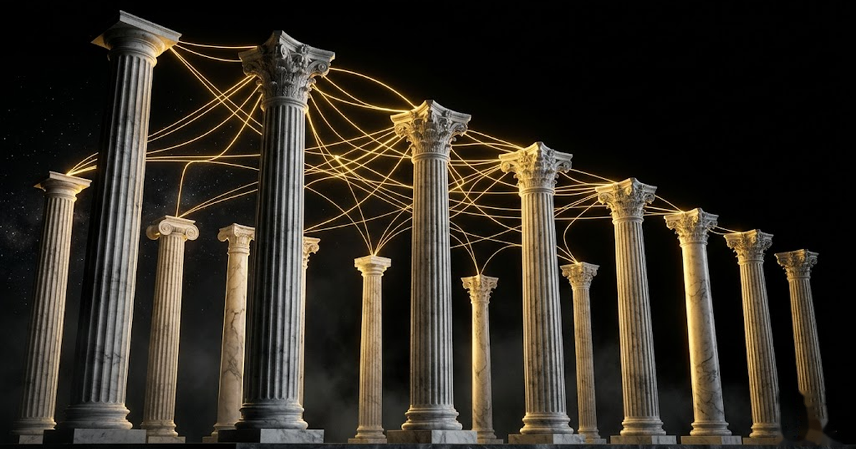 A pantheon of golden columns standing in deep void, each column a different institution, light flowing between them like a circuit.