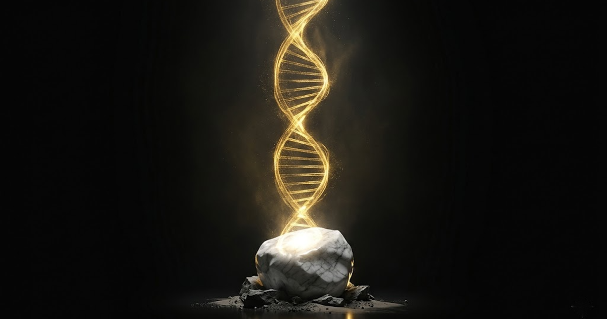A golden double helix of light ascending through black space, anchored at its base to a single bright point like a foundation stone.