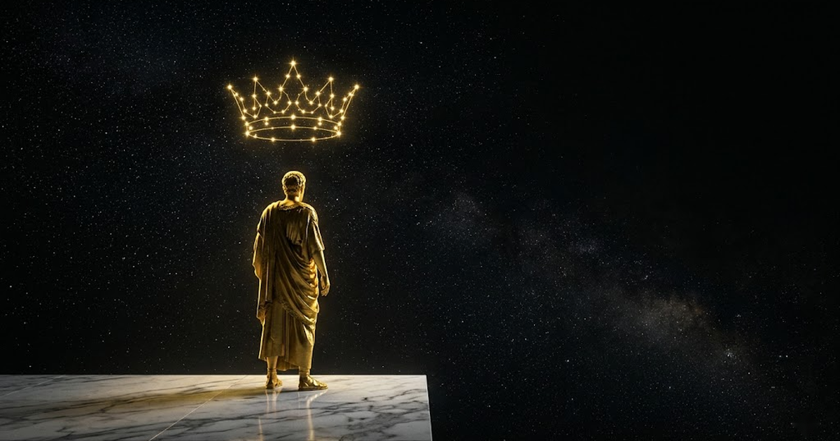 A lone golden figure on a marble threshold facing a vast starfield, a constellation forming a crown above, the rest of the field dissolving into shadow.