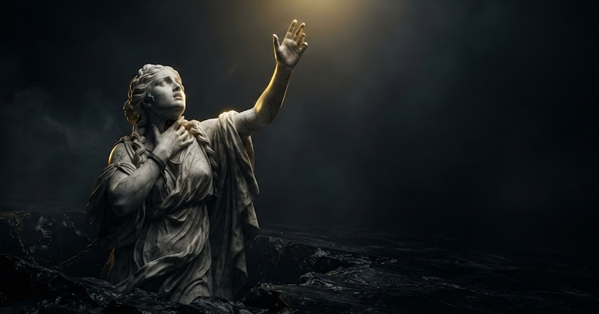 Persephone half risen from a black threshold, one hand pressed to her throat where the swallowed pomegranate seeds still bind her, the other reaching up toward a light she may only borrow and never keep, in a void of...