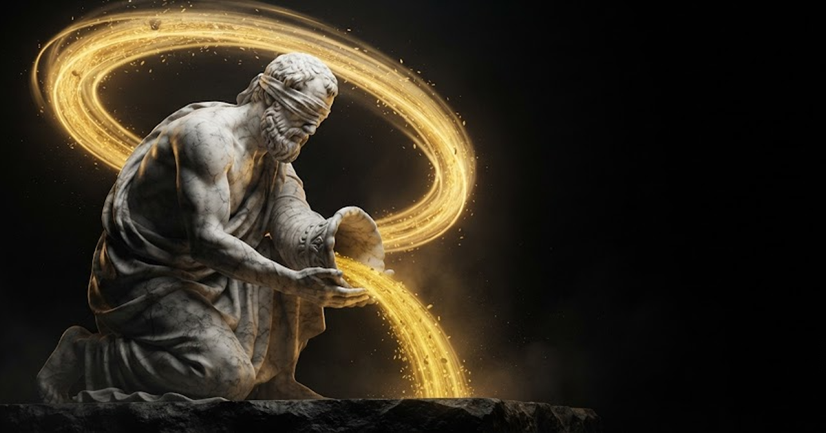 Plutus kneeling blind eyed with a great carved cornucopia tipped over his cupped hands, the spilling grain falling back into the horn so the pour feeds itself and swells far beyond his reach, in a void of pure black,...